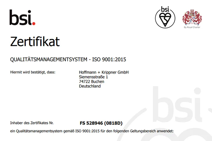 BSI Zertifikat zur ISO 9001 von Hoffmann + Krippner