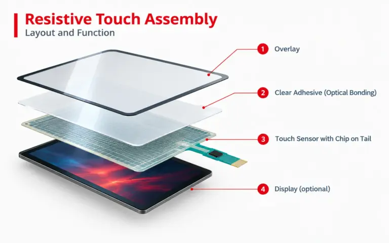 Explosionsdiagramm eines resistiven Touch Displays
