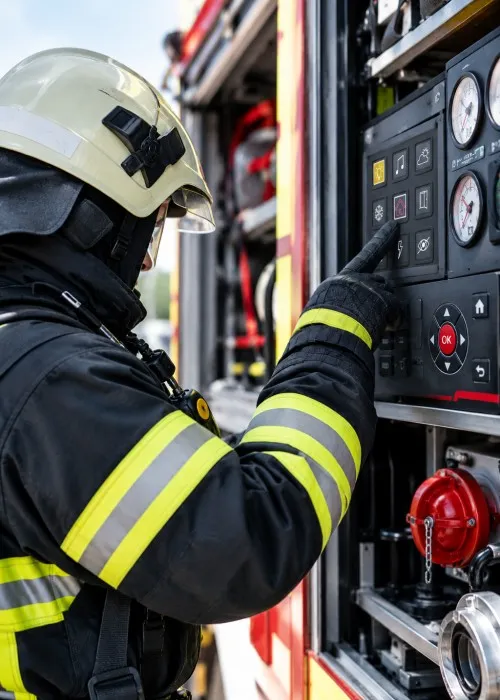 Feuerwehrmann bedient Steuerpanel